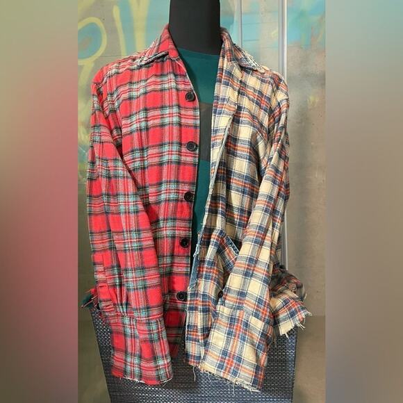 Greg Lauren Flannel Shirt - L - Red Cream - Button Down Dress Shirt long sleeve